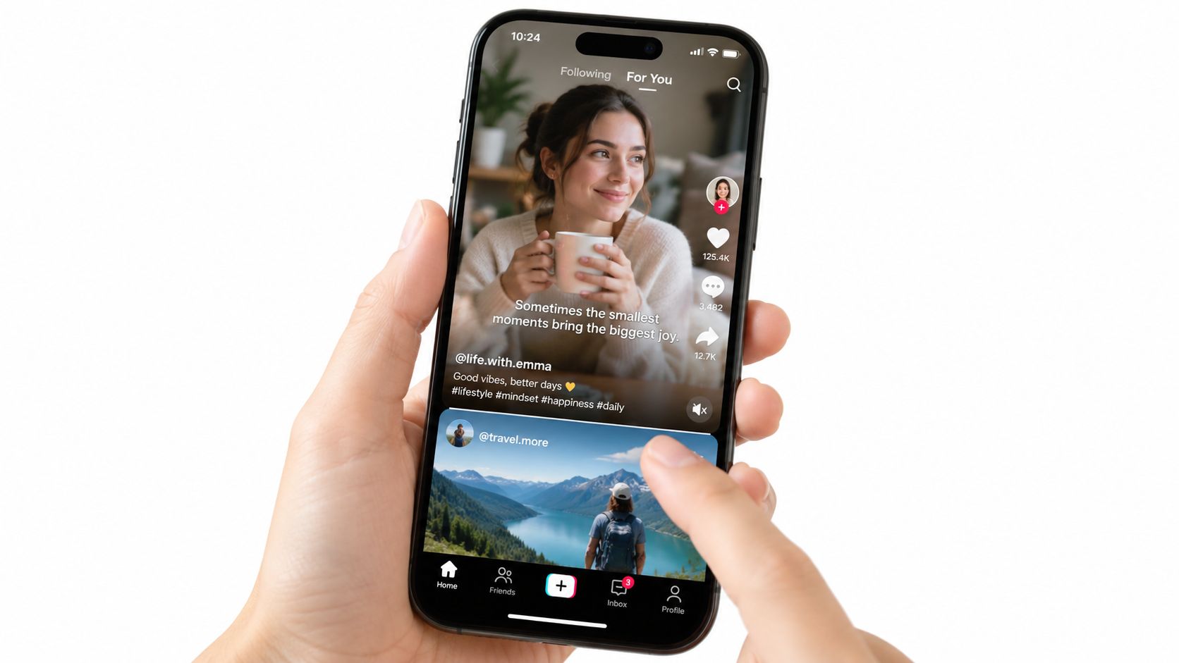A person holding a smartphone displaying a social media app feed with burned in video subtitles.