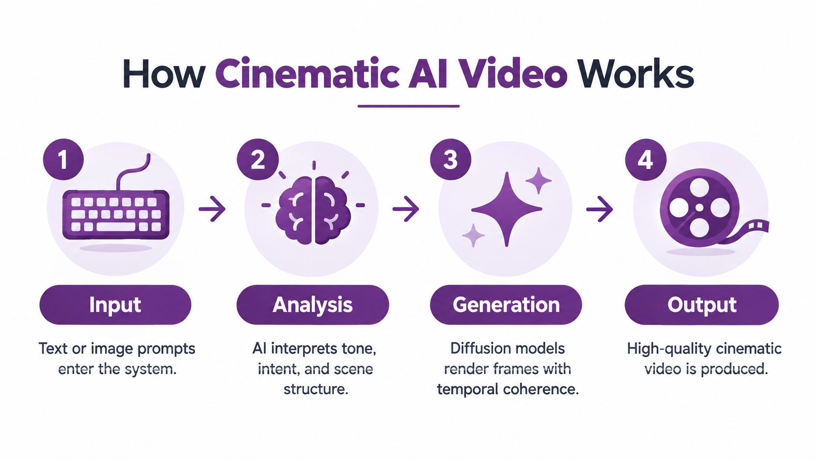 An infographic titled How Cinematic AI Video Works, showing a four-step process from text input to video output.