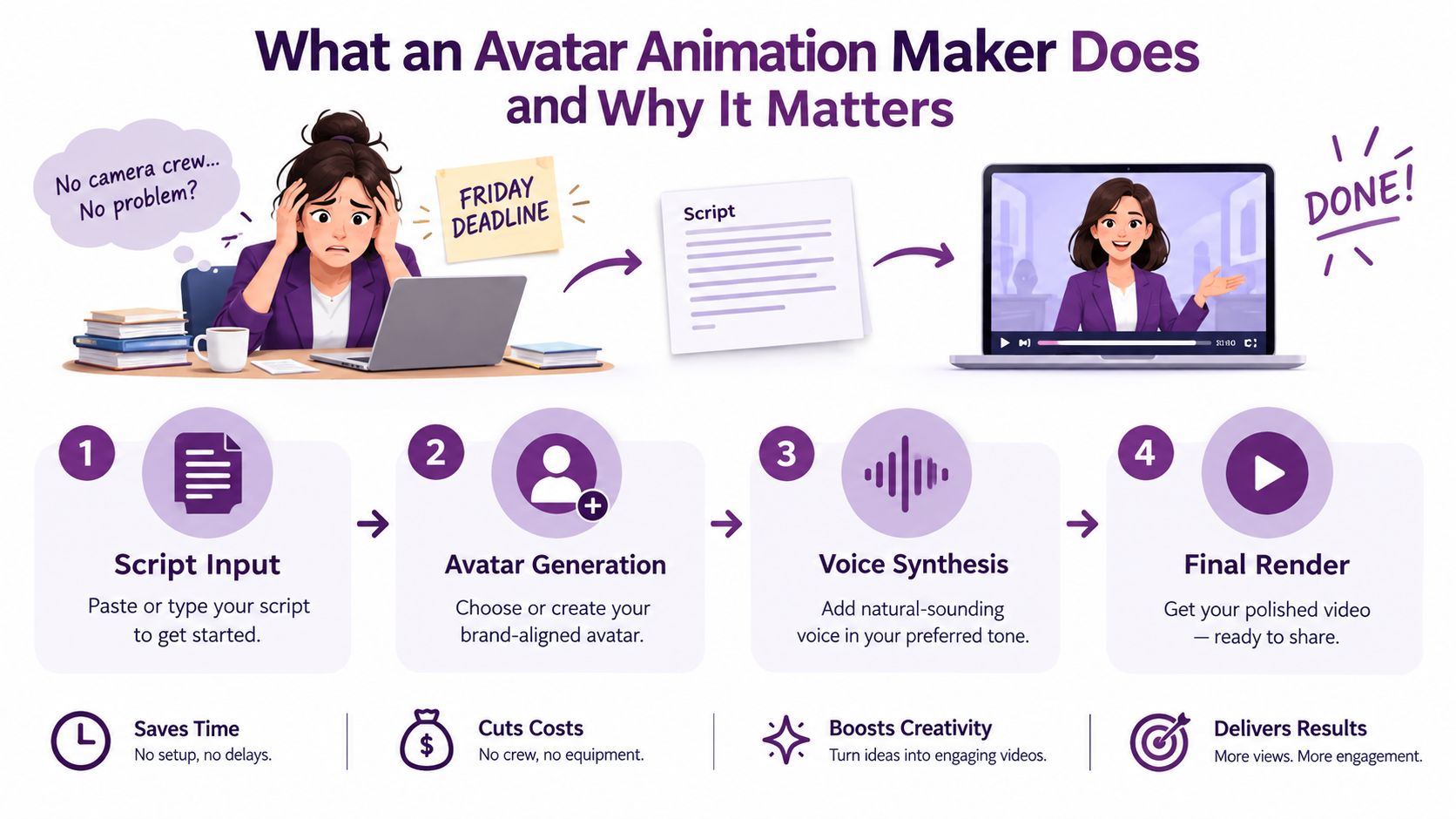An infographic showing the four-step workflow of an avatar animation maker, highlighting time and cost-saving benefits.