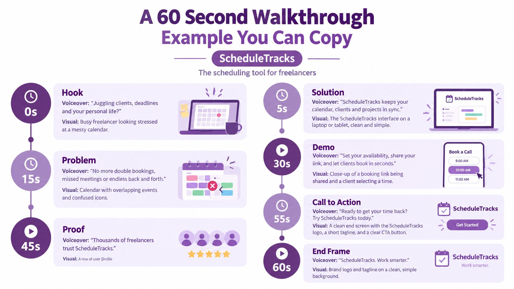 A 60-second video script template infographic for ScheduleTracks, outlining key sections from hook to end frame.