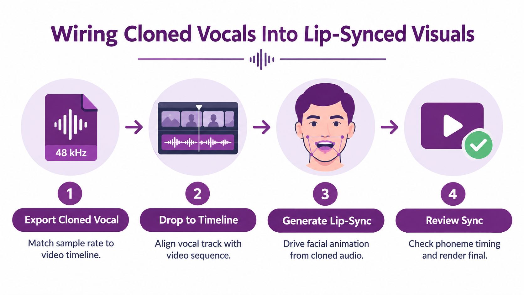 An infographic showing a four-step process for integrating AI-cloned vocals into lip-synced video animation.