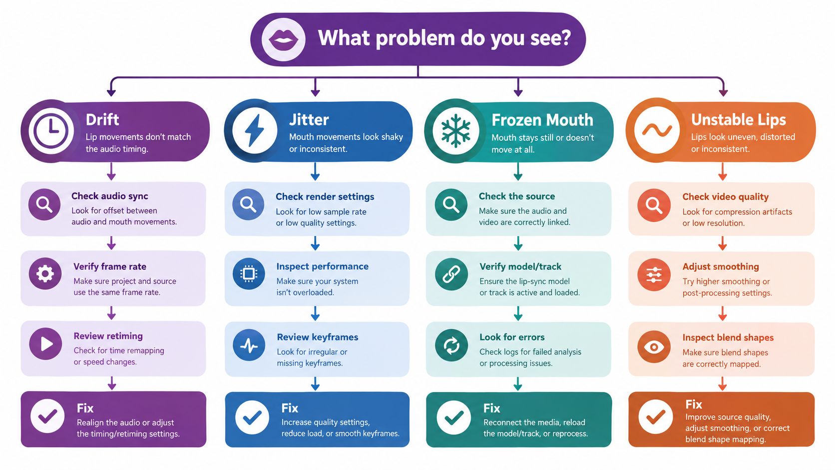 An infographic flowchart guiding users on how to troubleshoot and fix common lip-sync animation problems.