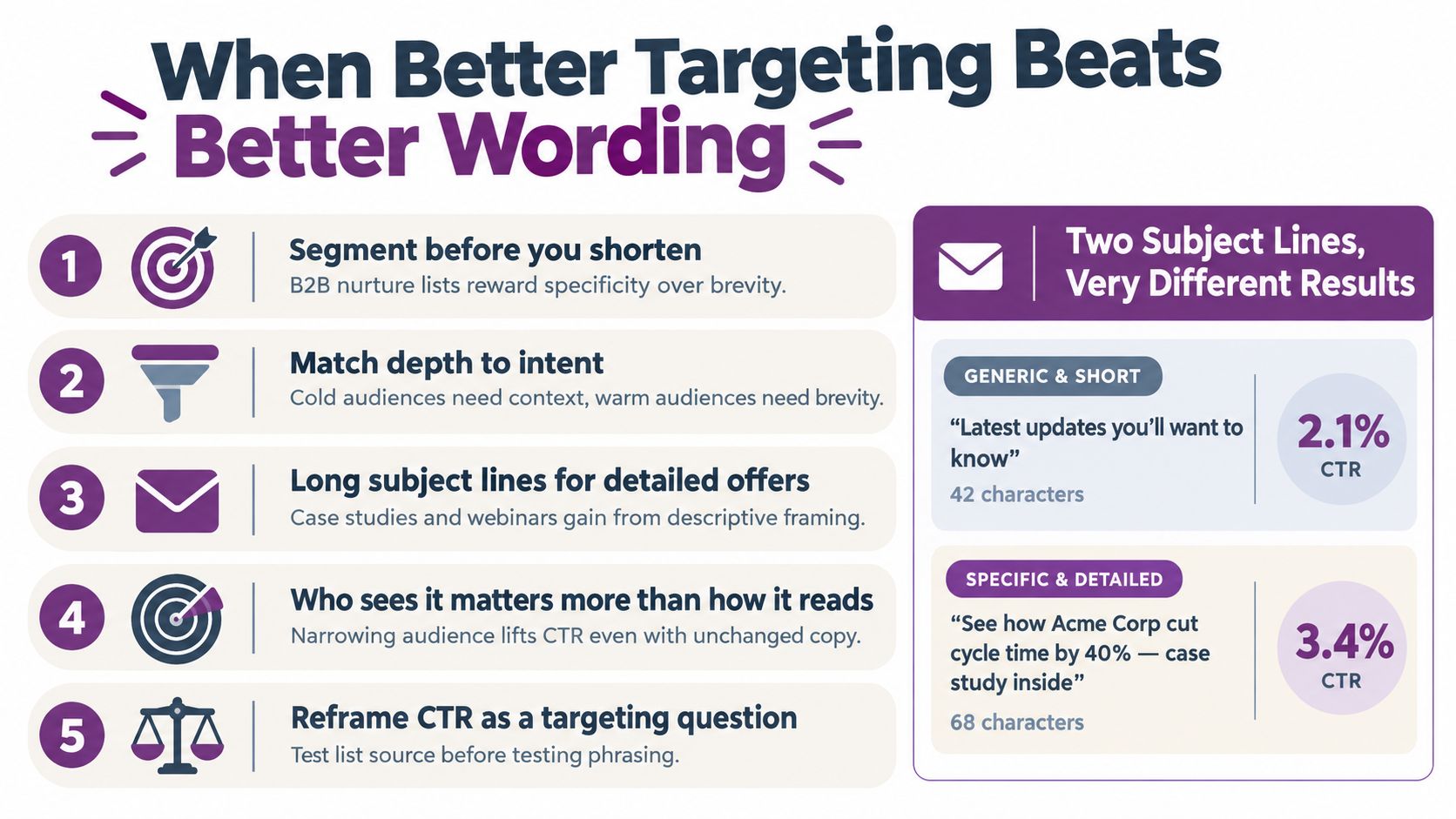 An infographic showing that better targeting increases click-through rates compared to just changing email wording.