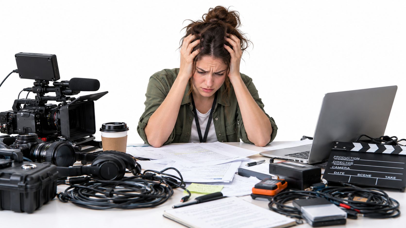 A stressed female filmmaker sitting at a desk cluttered with cameras, documents, and production equipment.
