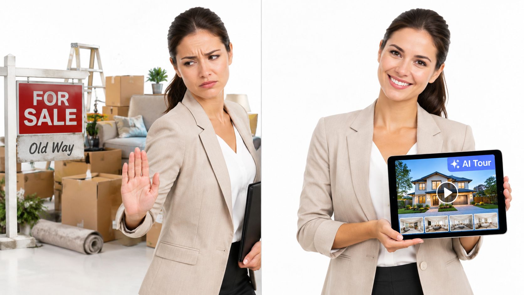 A real estate agent expressing dislike for traditional methods while promoting modern AI house tour technology.