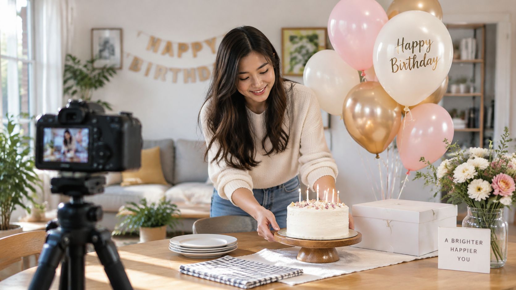 A smiling young woman preparing a birthday cake with candles for a video recording on a tripod.