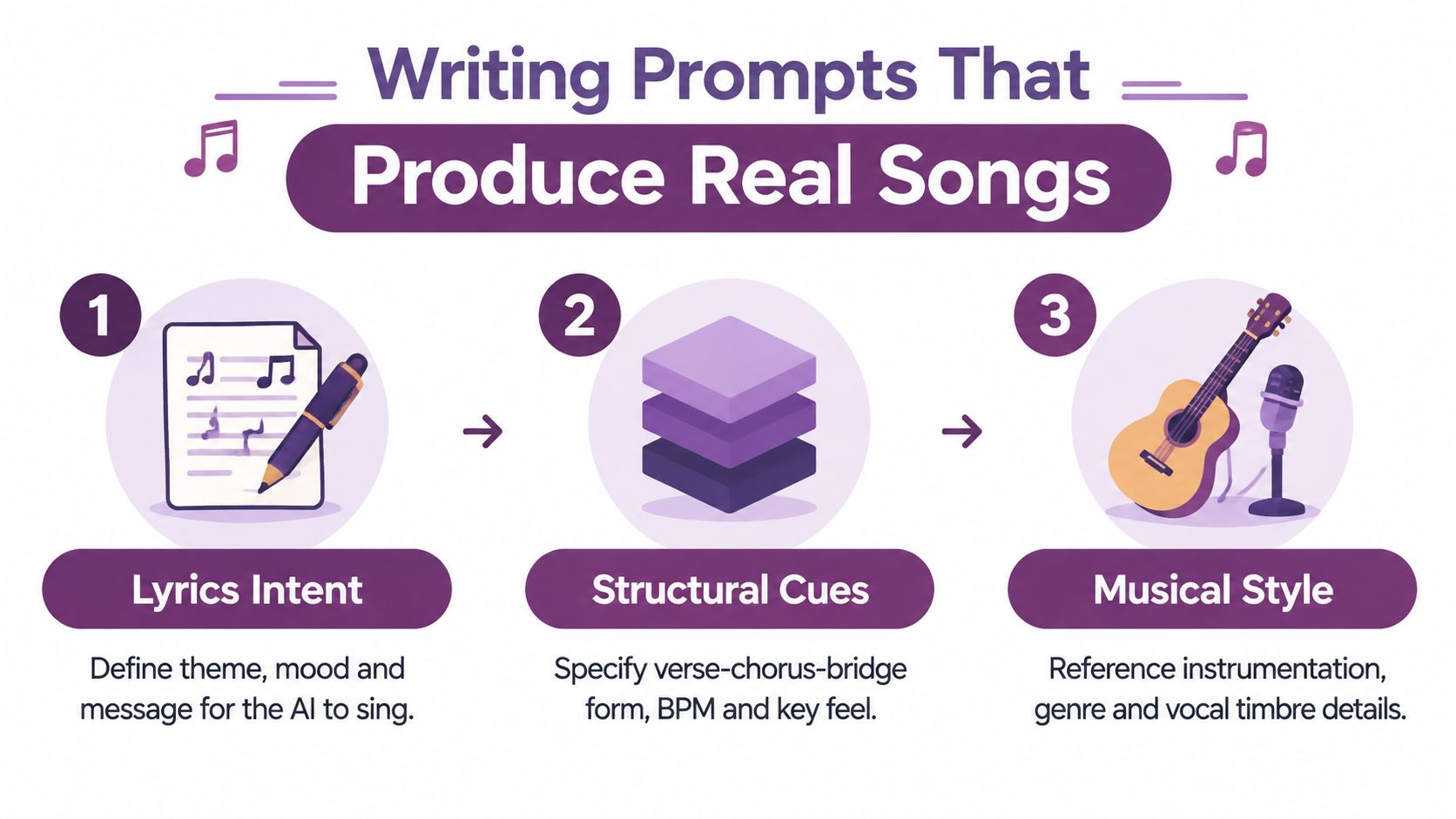 A three-step infographic on how to write prompts to produce real songs using AI music generation tools.