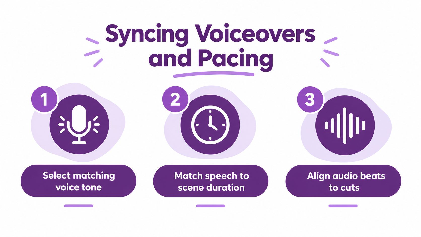 A graphic illustration detailing three steps for syncing voiceovers and pacing in video production projects.