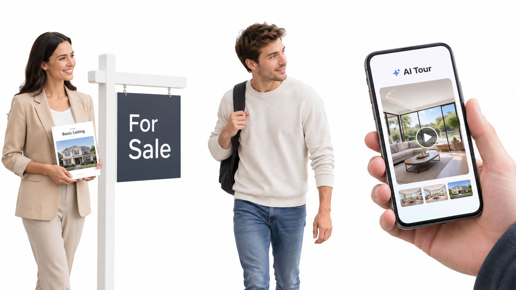 A real estate agent stands by a for sale sign while a man views an AI home tour on his smartphone.