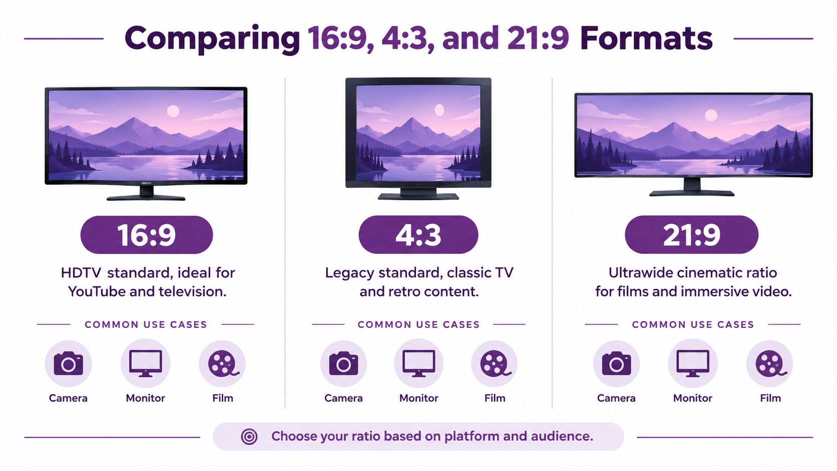 A comparison chart showing 16:9, 4:3, and 21:9 aspect ratios for monitors, film, and cameras.