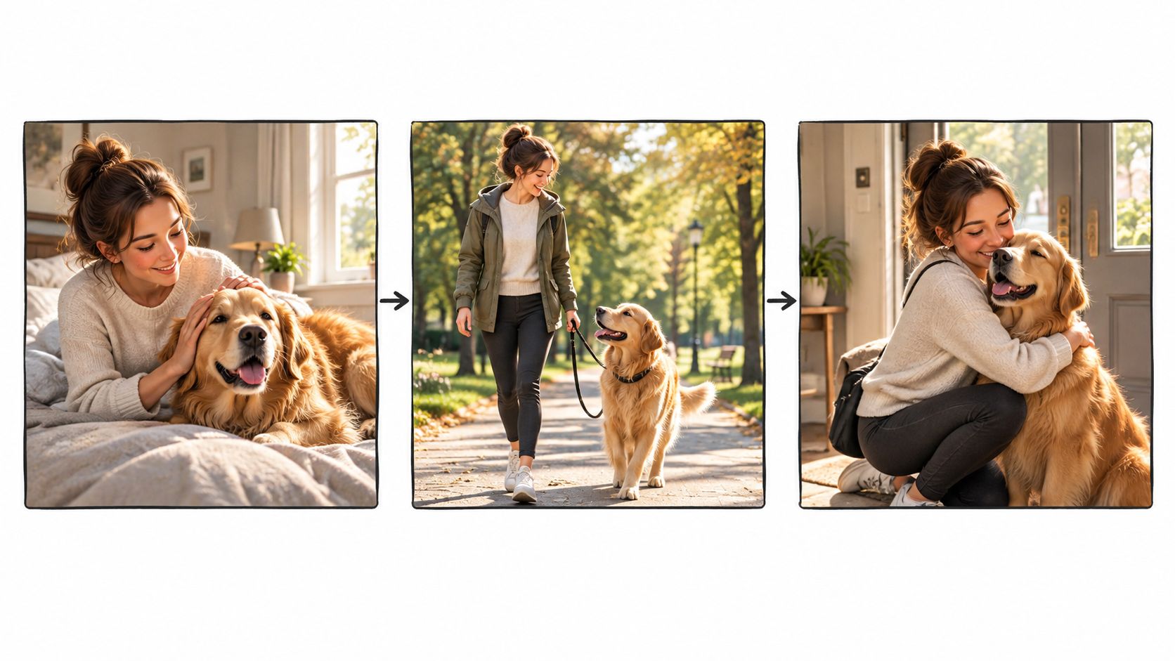 A three-panel illustration showing a young woman interacting with her golden retriever dog in different settings.