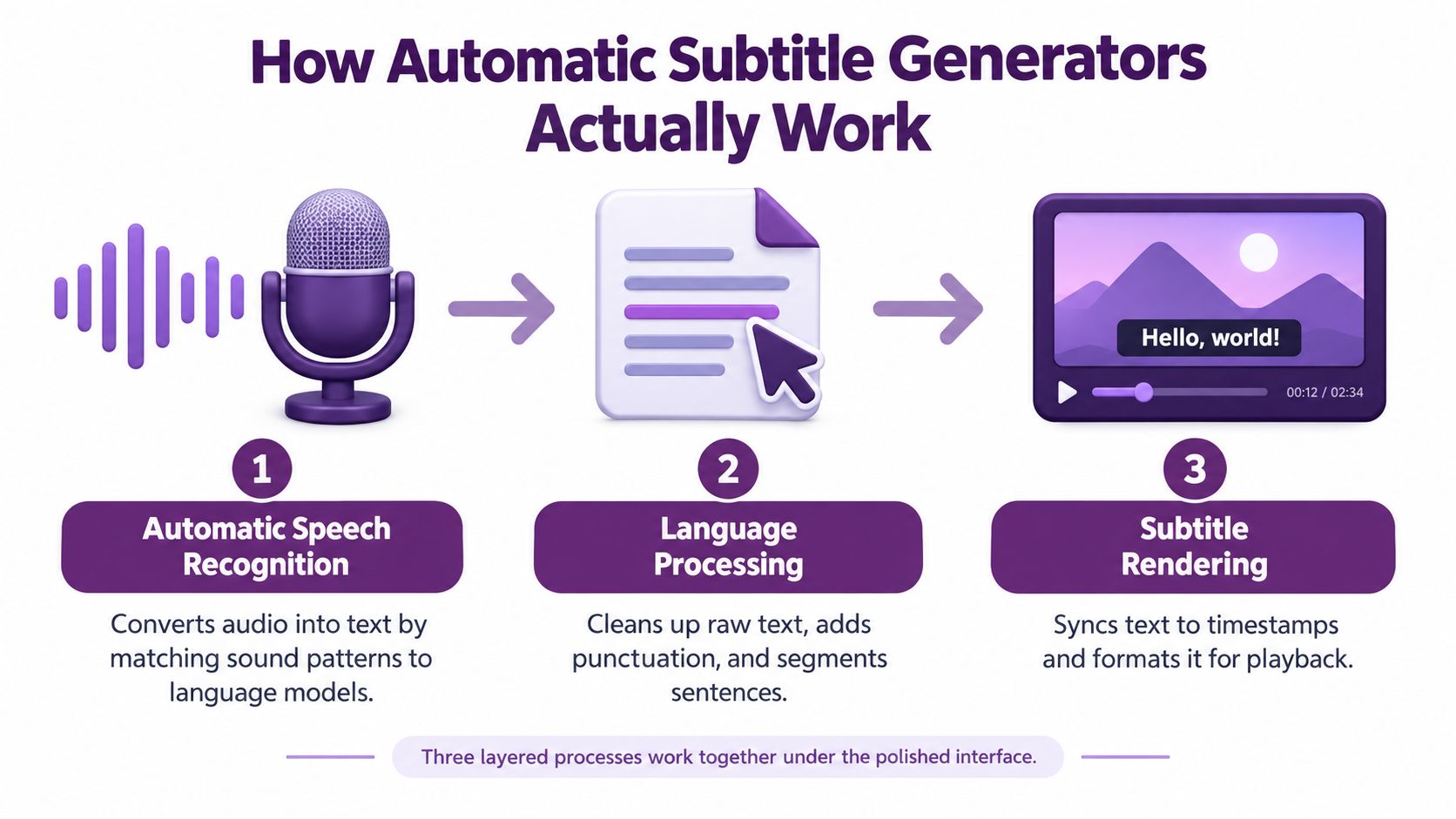 An infographic showing the three-step process of how automatic subtitle generators work using speech recognition and rendering.