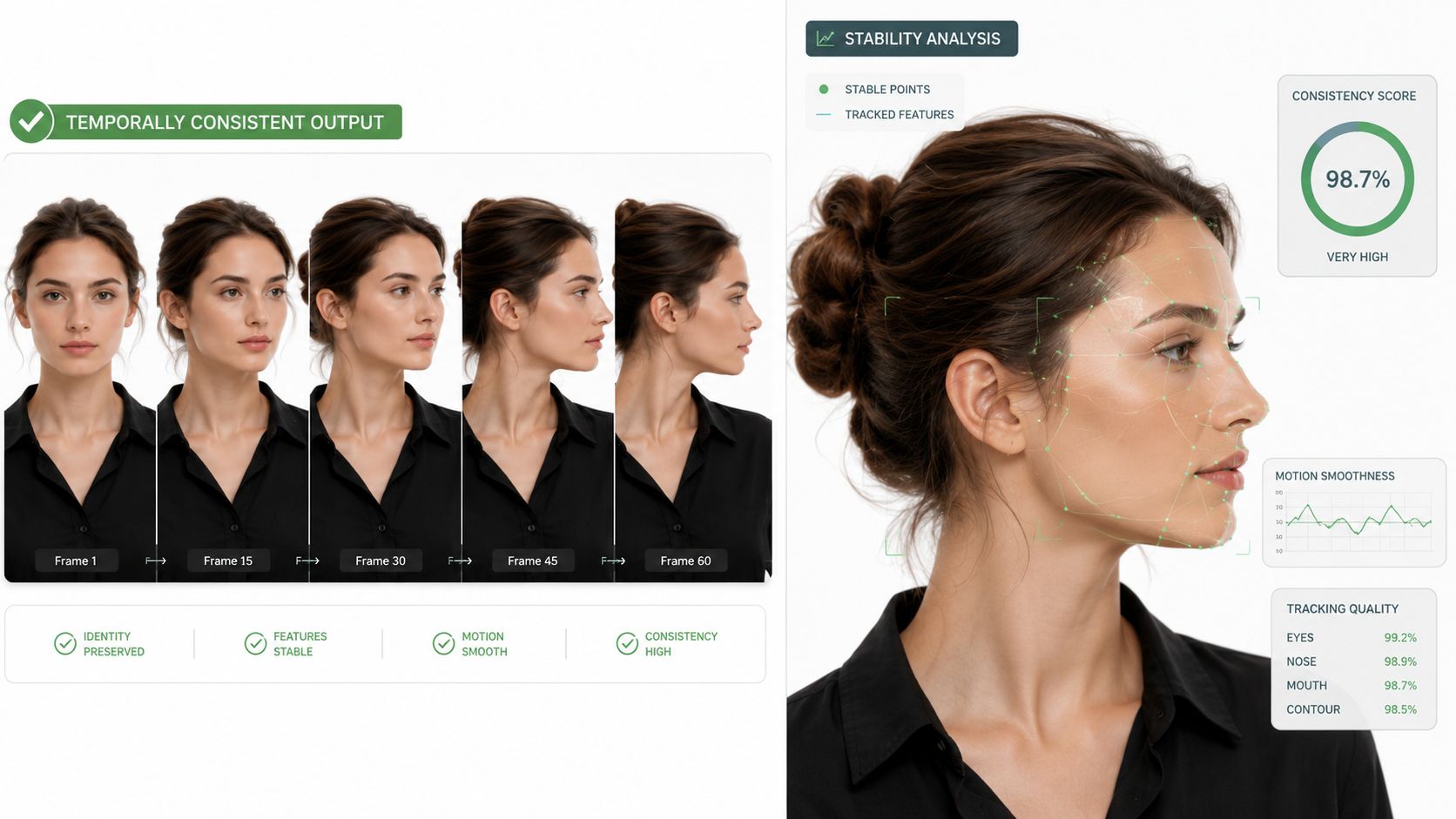 A digital interface showcasing a stability analysis of a cinematic AI video feature with facial tracking metrics.