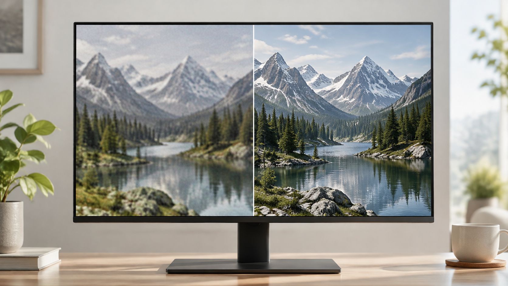 A computer monitor displaying a split screen comparison showing low resolution video versus high resolution video enhancement.