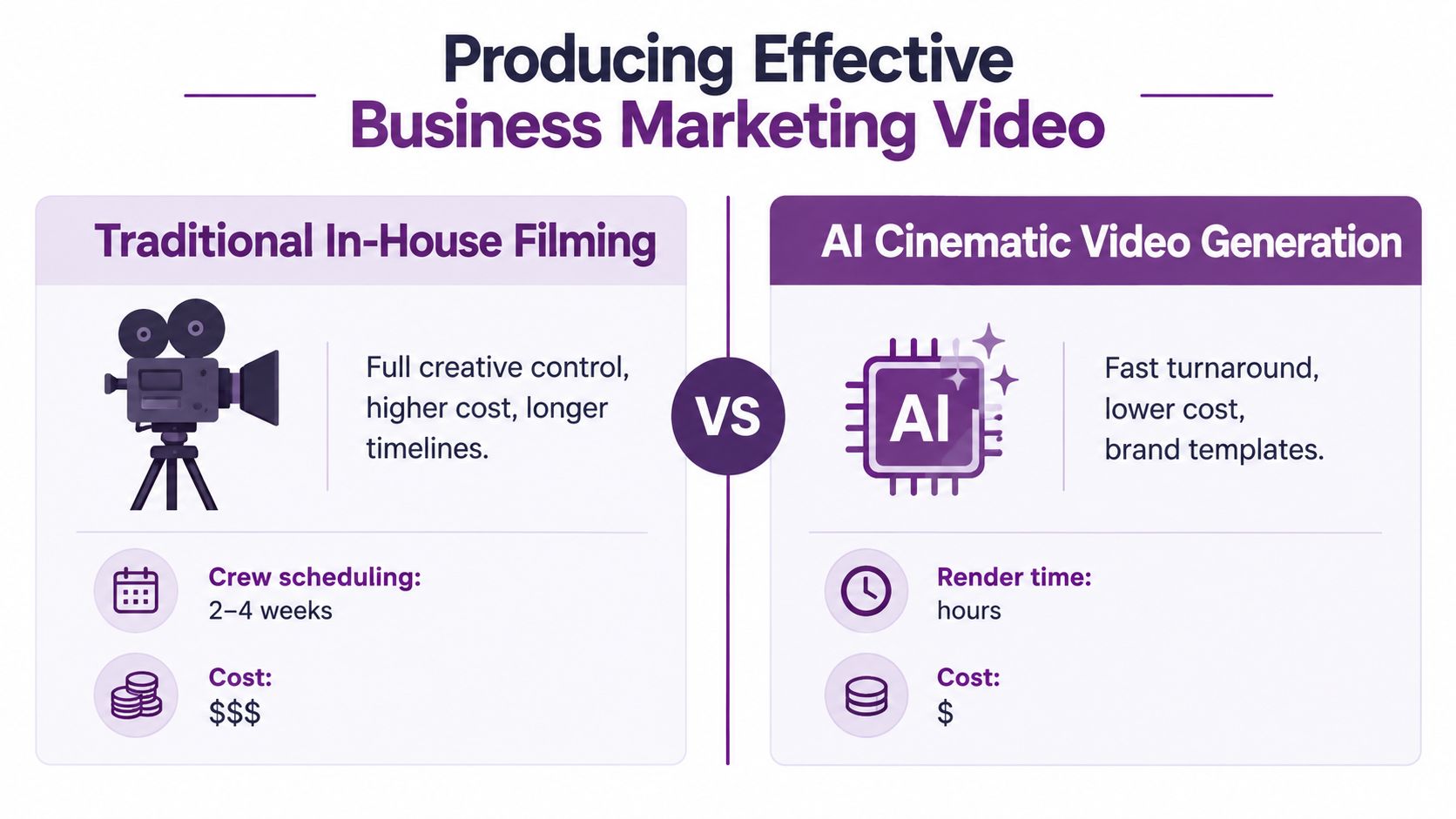 A comparison chart showing the differences between traditional in-house filming and AI cinematic video generation methods.