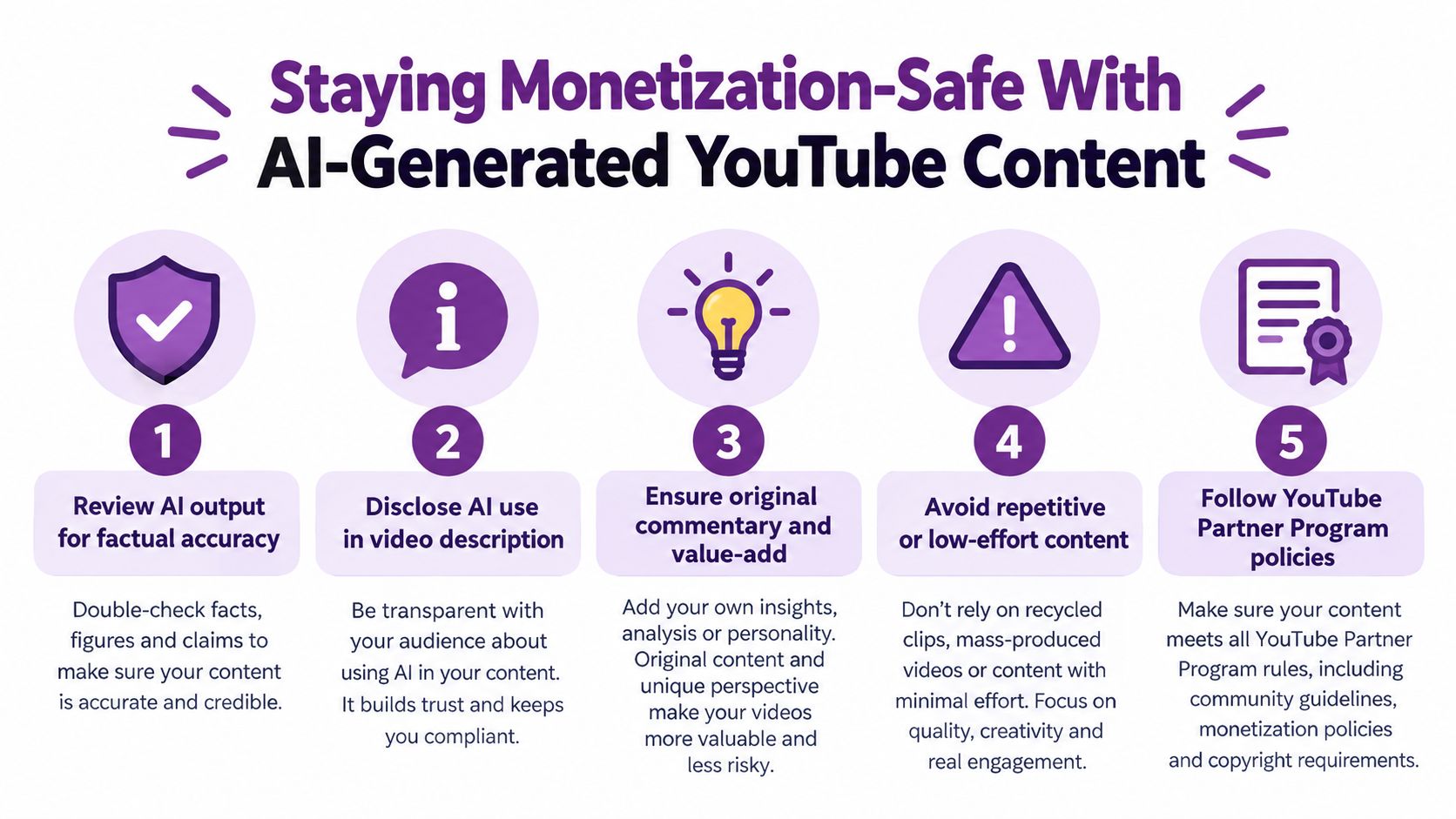 An infographic outlining five essential tips for keeping AI-generated YouTube content safe for monetization and compliance.