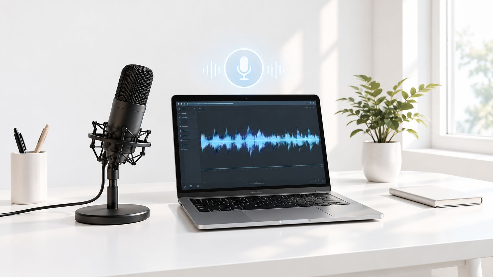 A professional microphone and a laptop displaying audio waveforms on a clean, modern home office desk.