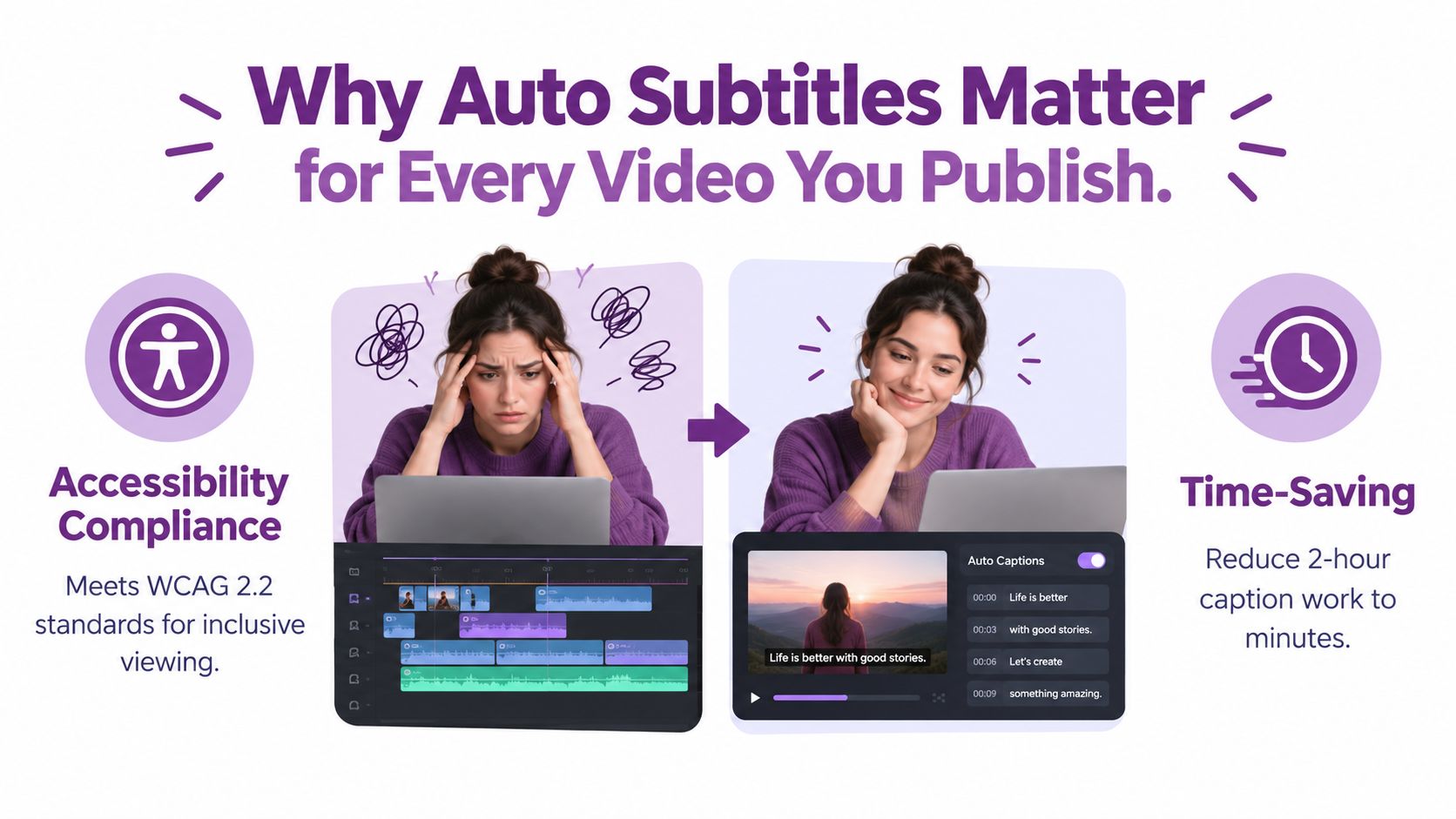A woman looks stressed editing video before using auto-subtitles to save time and meet accessibility standards.