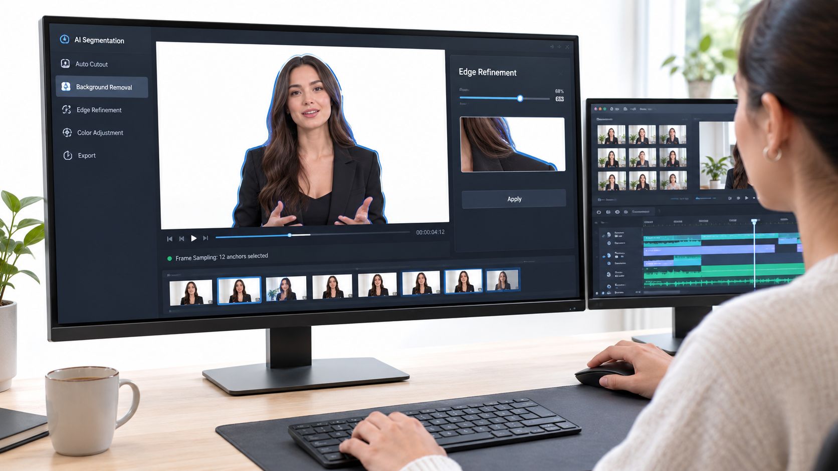 A woman working on video editing software using AI background removal tools on a professional desktop computer.