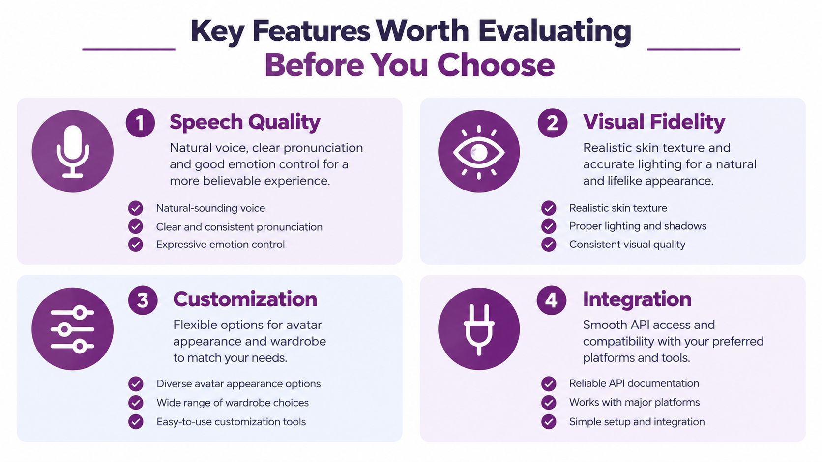 A guide listing four key features to evaluate before choosing an AI avatar animation maker tool.