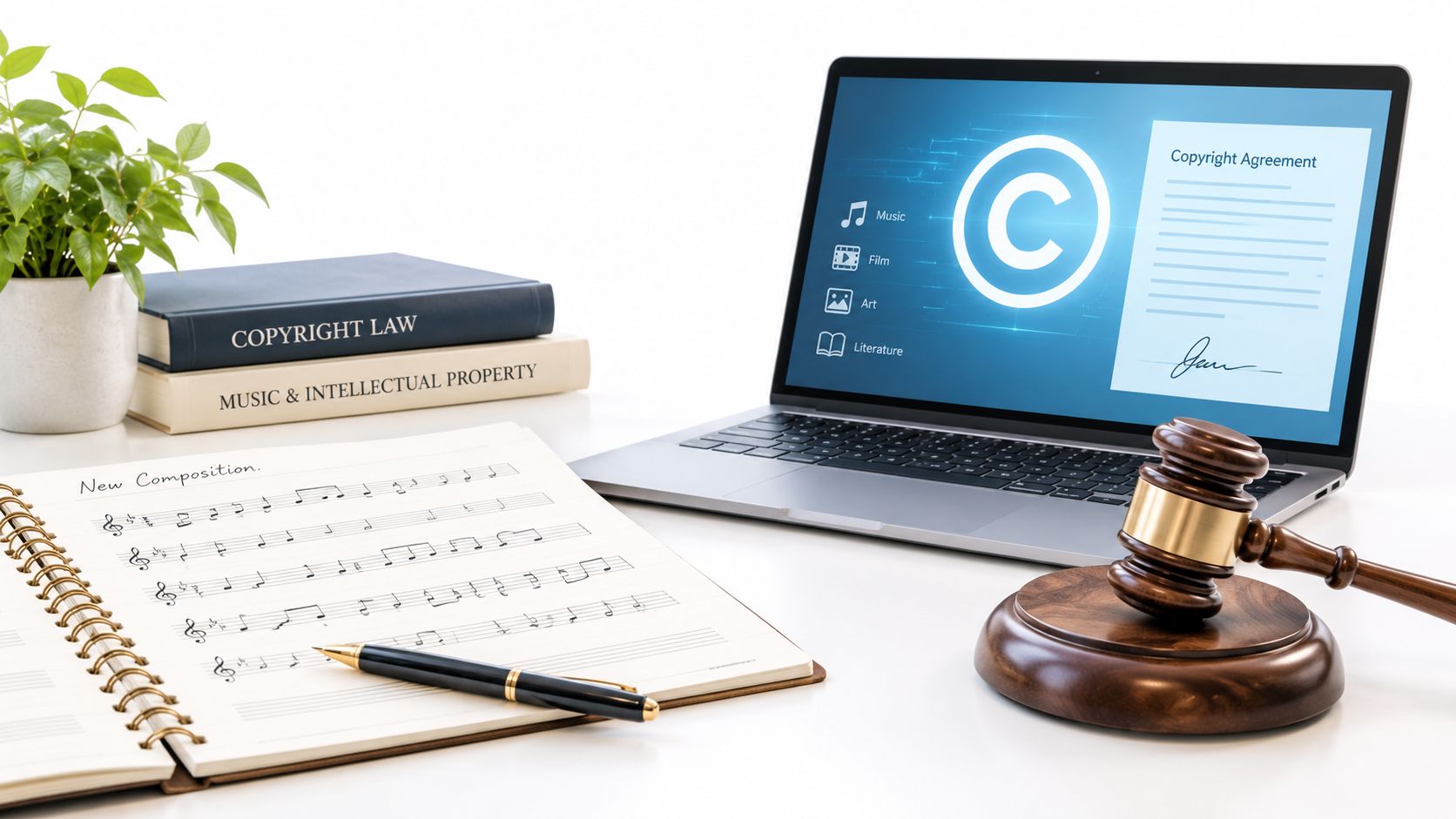 A laptop showing a copyright agreement, a music score, and a wooden judge's gavel on a desk.