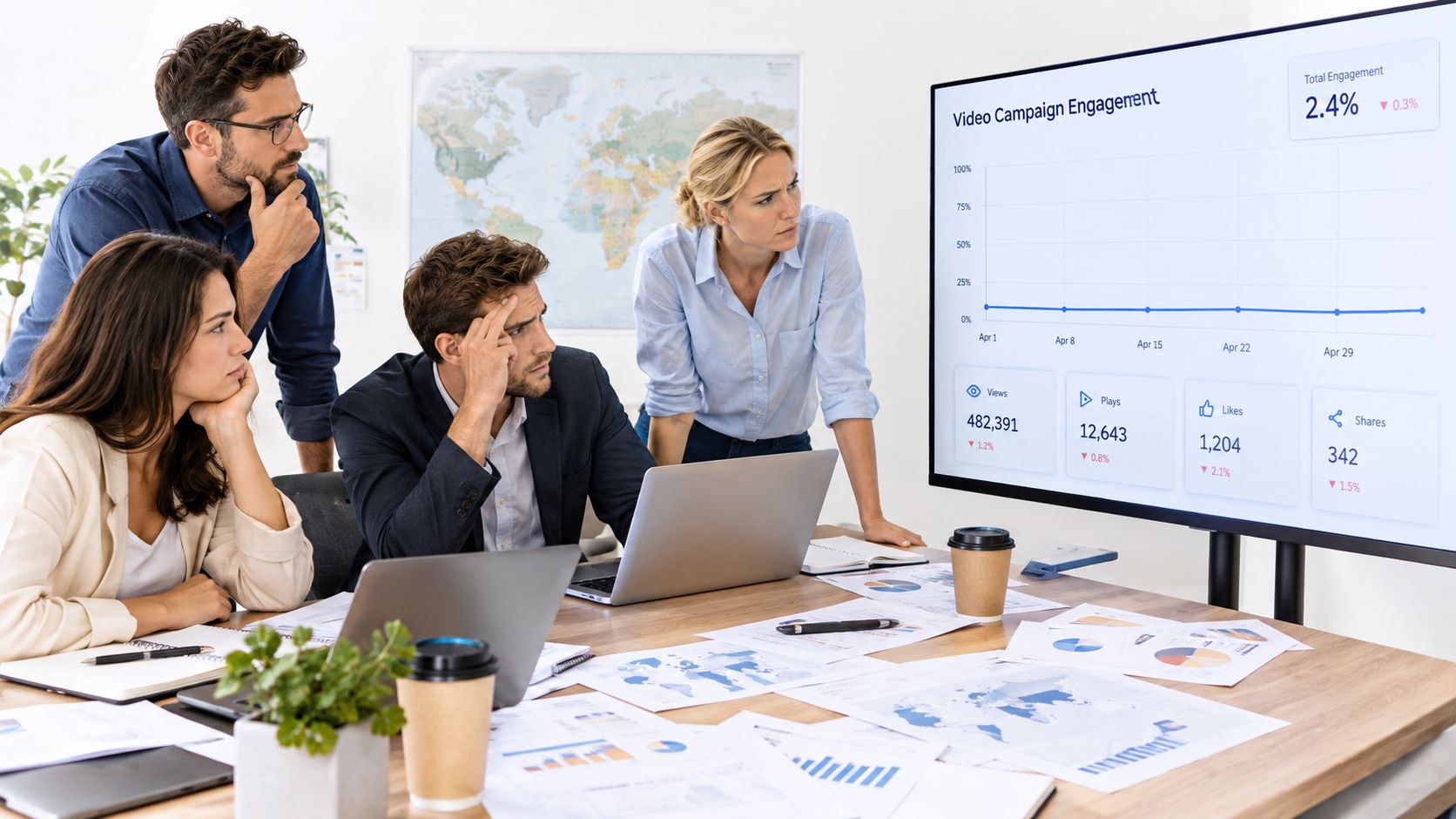 A diverse business team analyzing digital marketing performance charts during a collaborative meeting in an office.