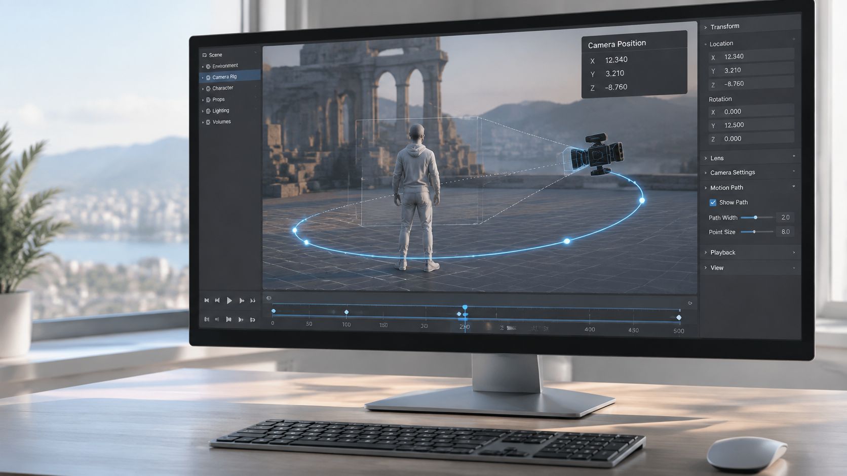 A computer monitor displaying a 3D animation software interface featuring a 3D model with camera path tracking.
