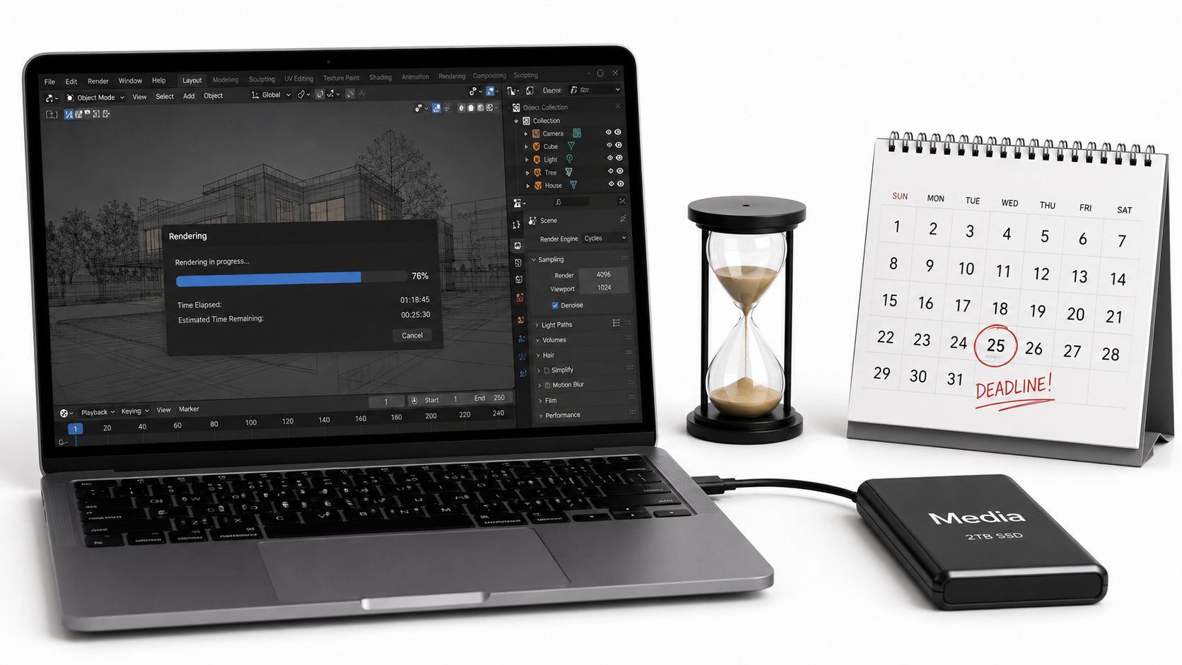 A laptop rendering a 3D project next to an hourglass and a calendar marked with a deadline.