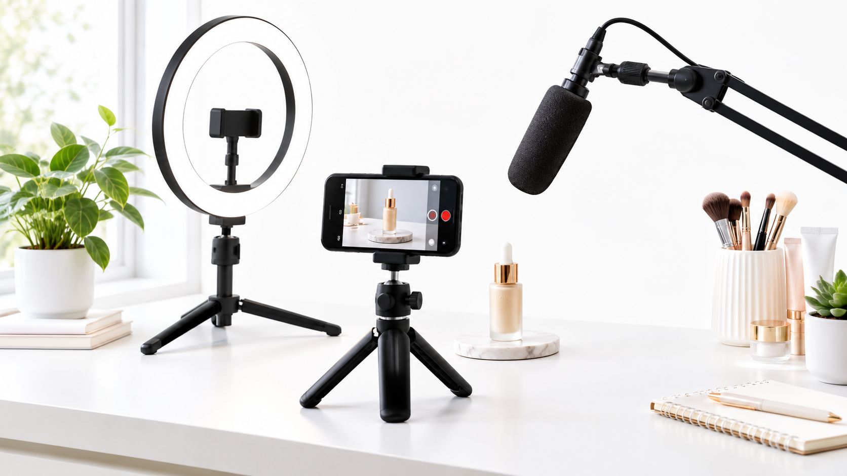 A professional smartphone setup with a ring light, microphone, and tripod for filming product review videos.