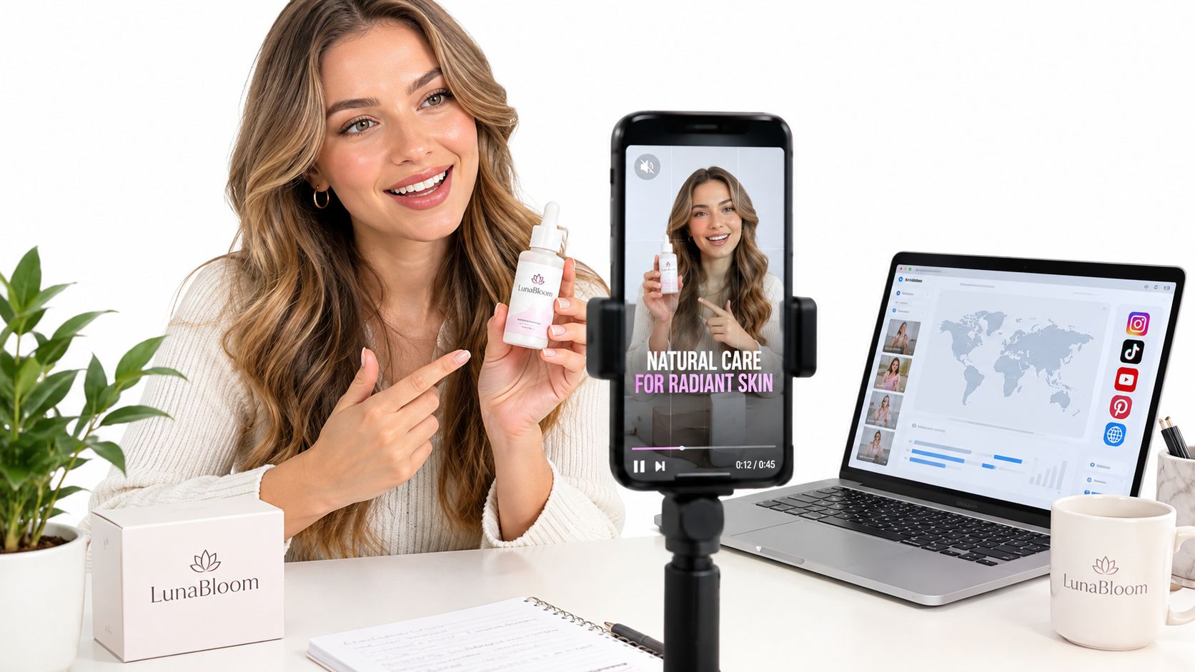 A smiling woman records a skincare video for social media about LunaBloom products at her workspace.