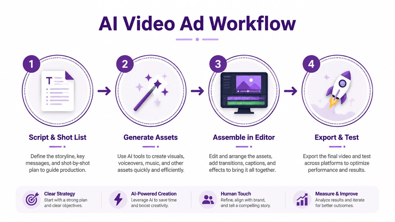 A four-step infographic illustrating a workflow for creating video advertisements using artificial intelligence tools and strategies.
