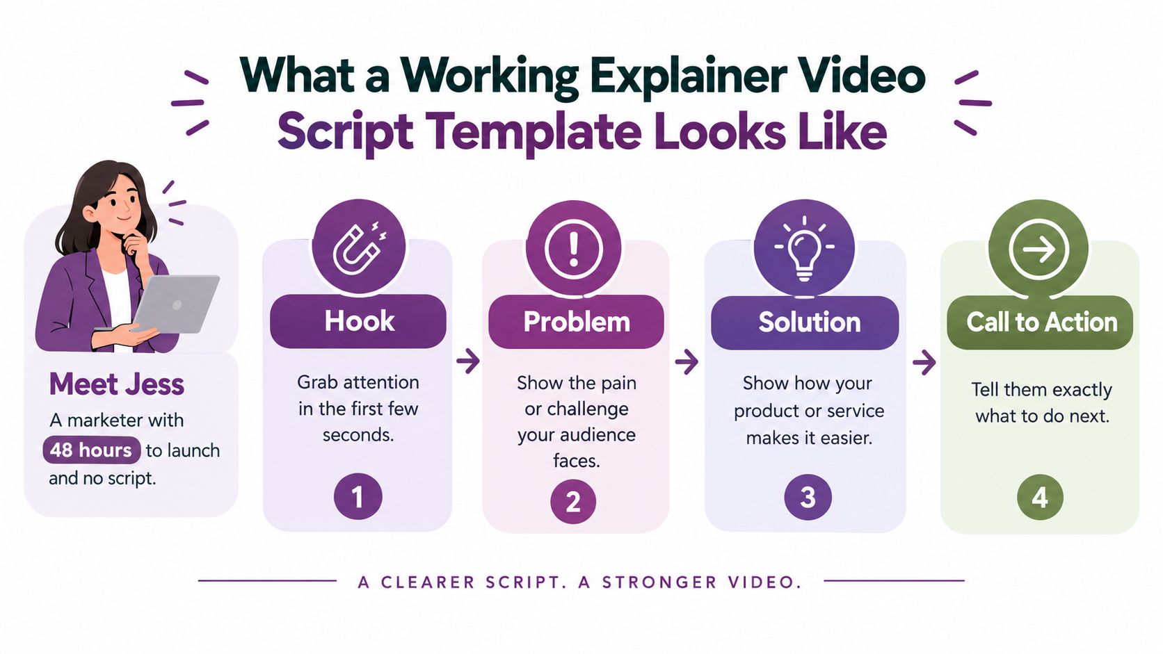 An infographic showing a four-step explainer video script template featuring a character named Jess.