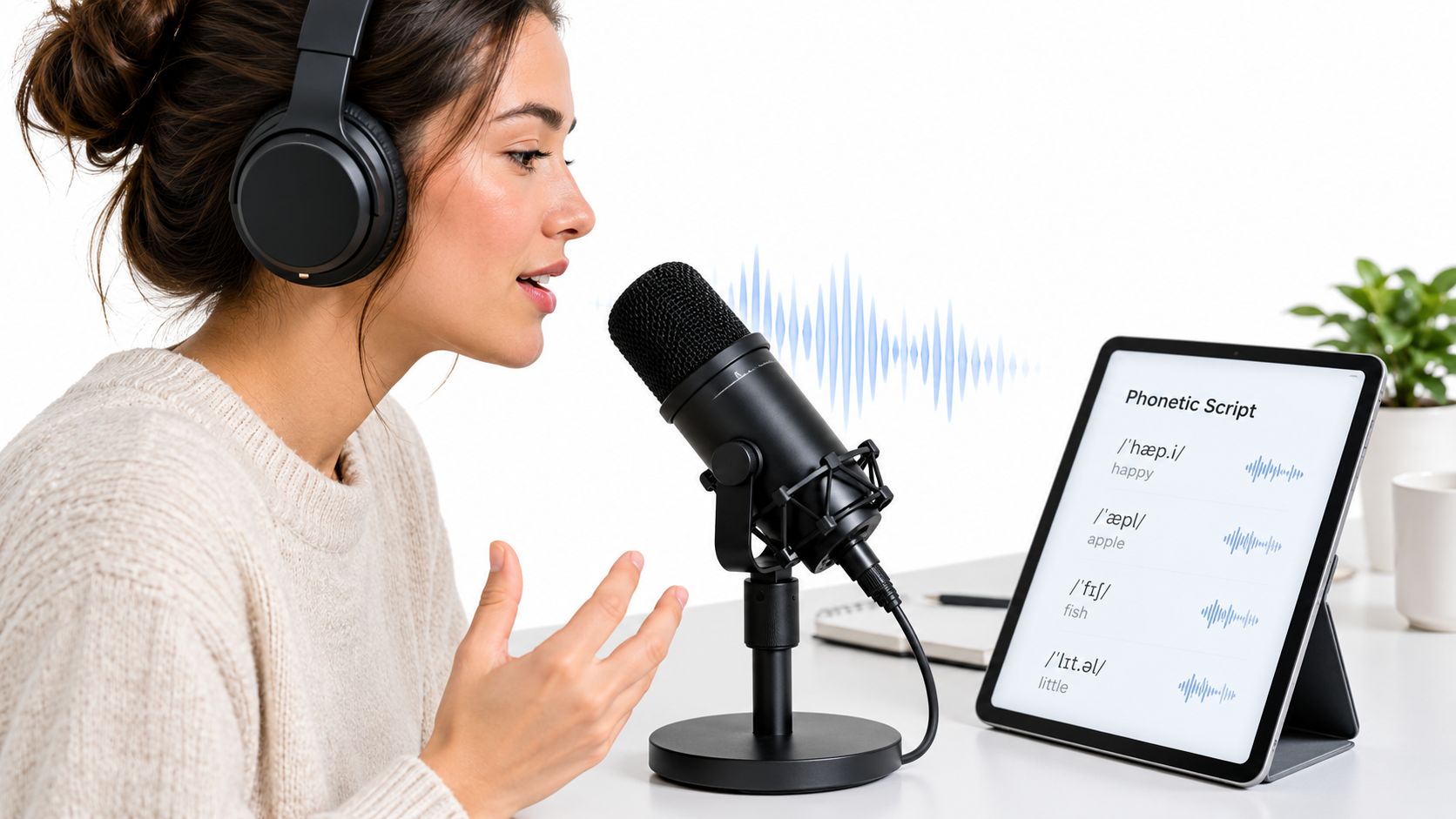 A young woman wearing headphones speaks into a microphone while looking at a tablet showing phonetic scripts.