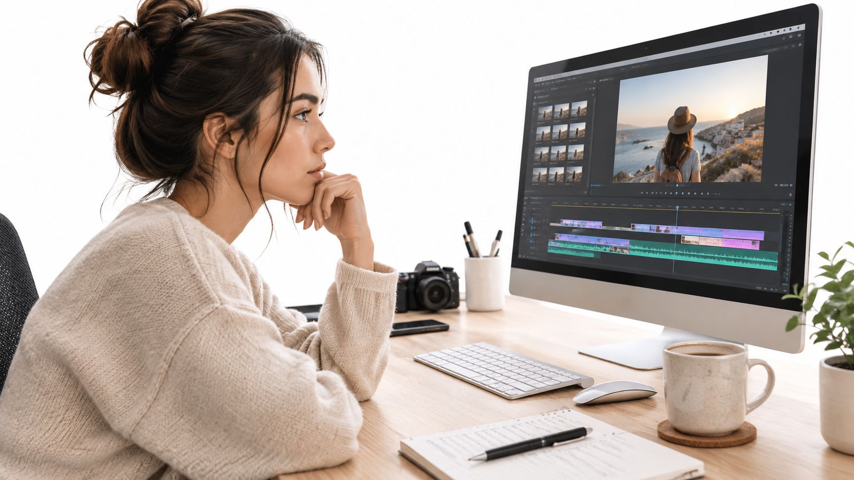 A young woman sitting at a desk editing a travel video on a computer monitor.