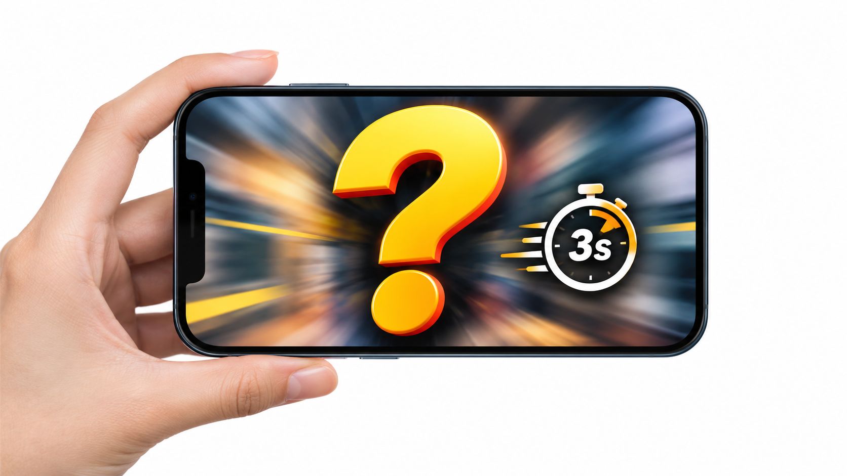 A hand holding a smartphone showing a yellow question mark and a three-second timer icon.