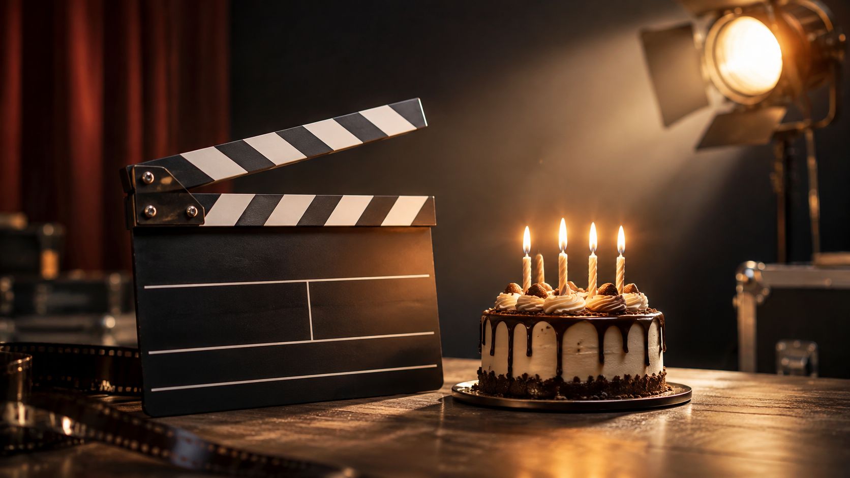 A birthday cake with lit candles next to a film clapperboard on a wooden table in a studio.