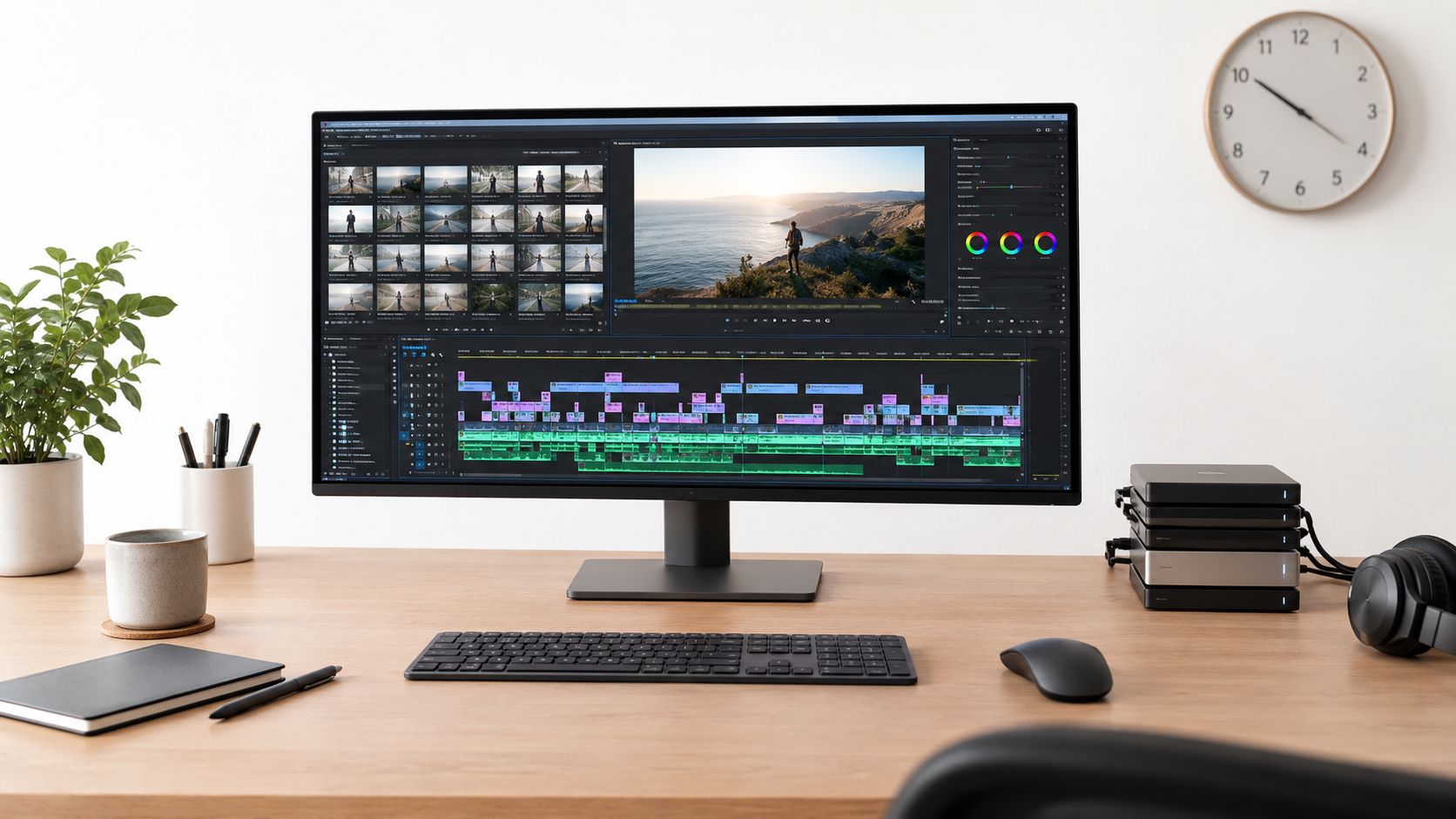 A professional video editing workspace with a computer monitor, keyboard, mouse, headphones, and external hard drives.