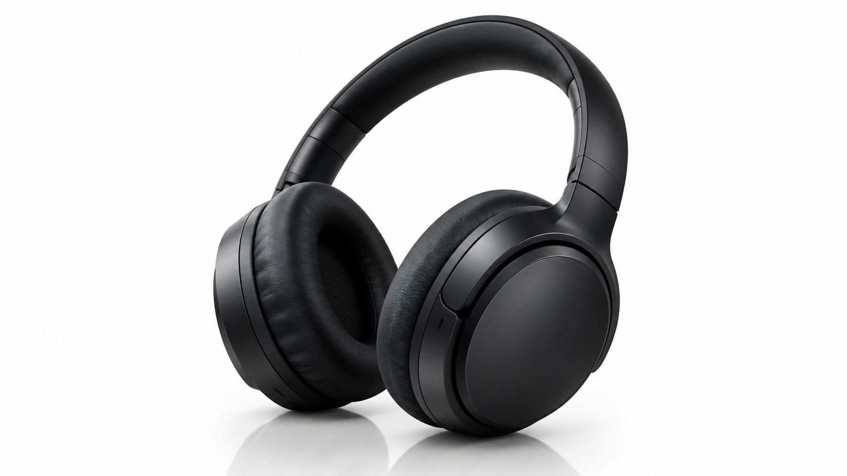 A pair of sleek black wireless over-ear headphones displayed against a clean, white background.