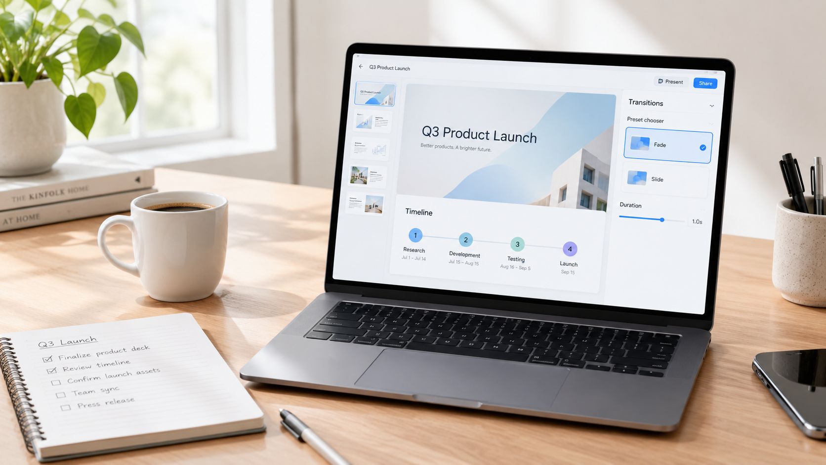 A modern laptop on a wooden desk displaying a Q3 product launch presentation with a timeline slide.