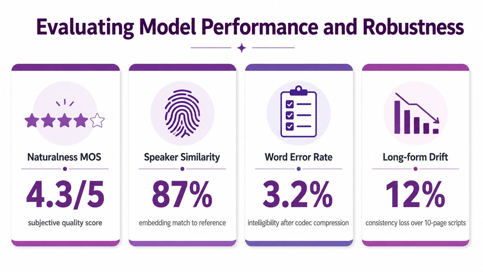 An infographic showing four key metrics for evaluating voice cloning model performance and technical robustness.