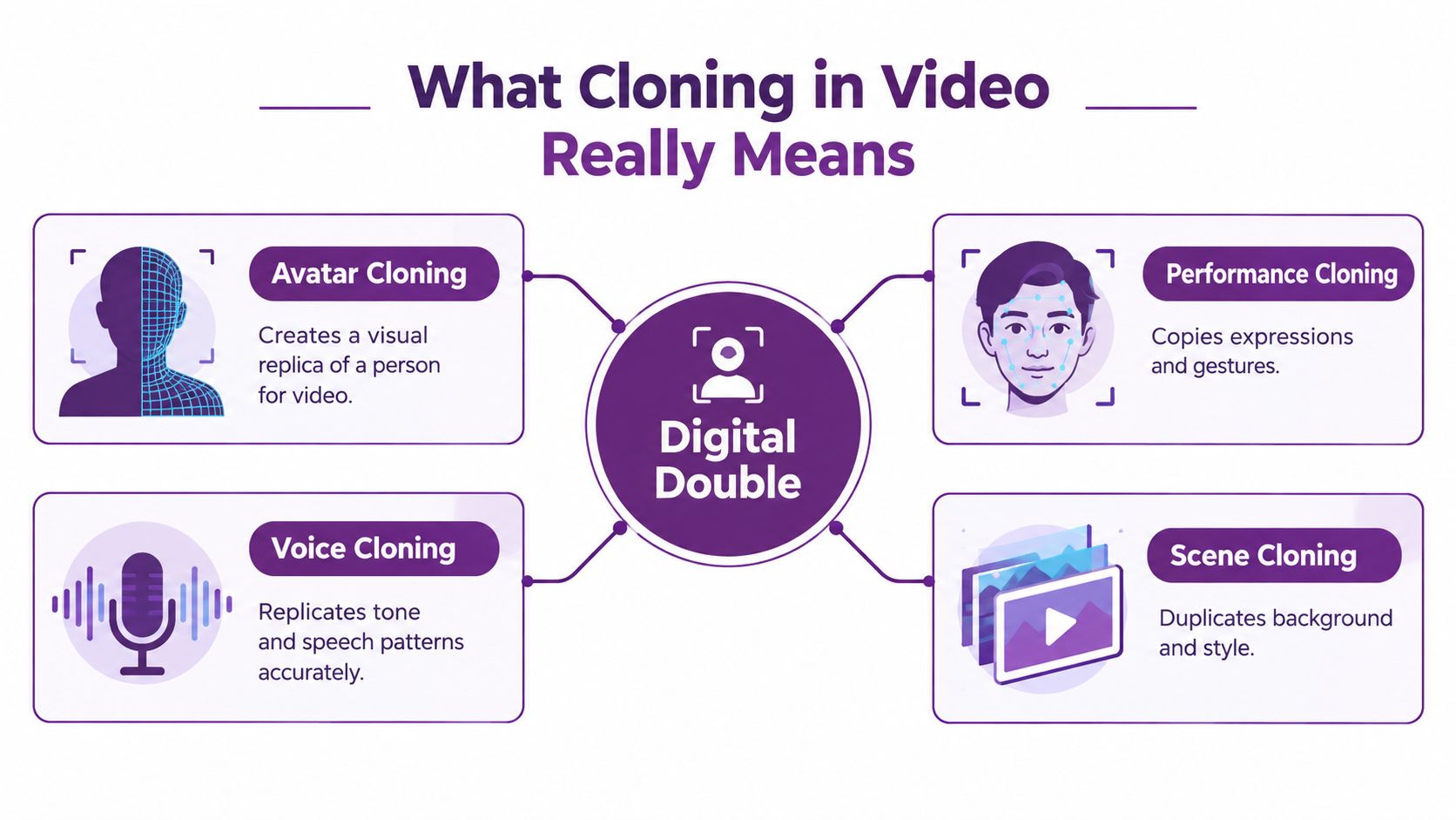 An infographic illustrating four types of video cloning technologies: avatar, performance, voice, and scene cloning.