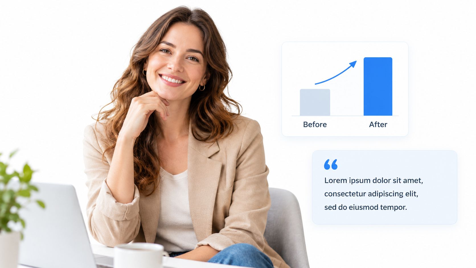 A smiling professional woman at her desk with a growth chart and a quote graphic nearby.