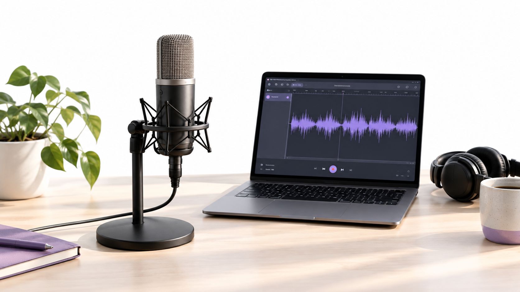 A professional home recording setup featuring a studio microphone, laptop with audio editing software, and headphones.