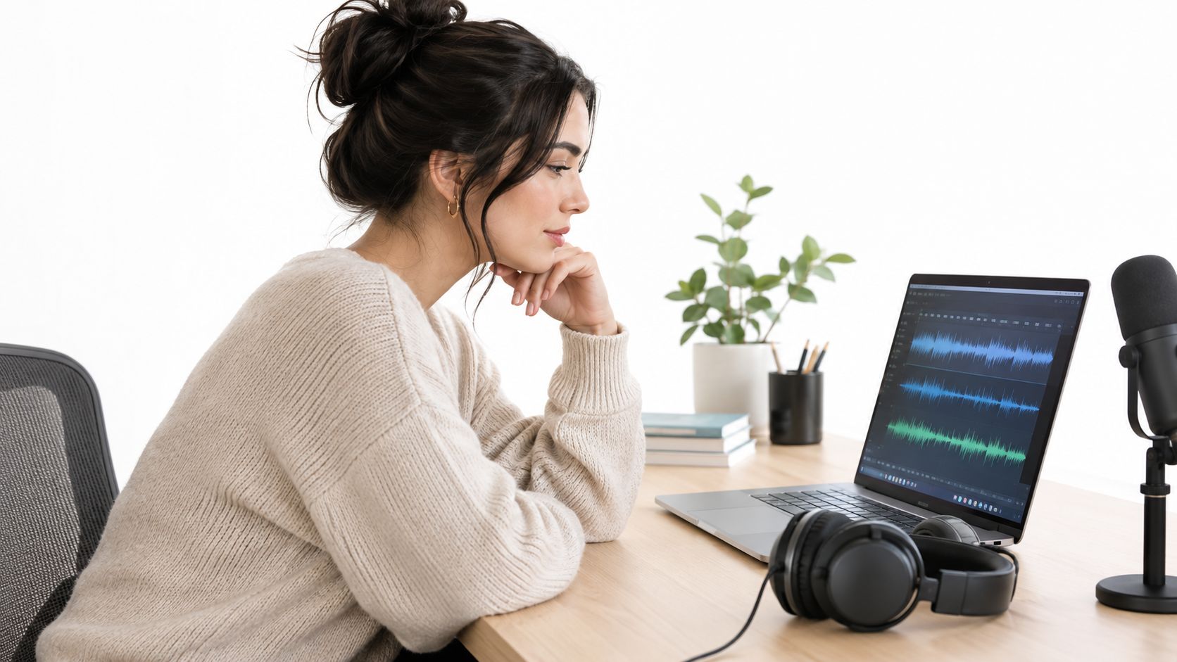 A young woman sits at a wooden desk editing audio files on her laptop computer.