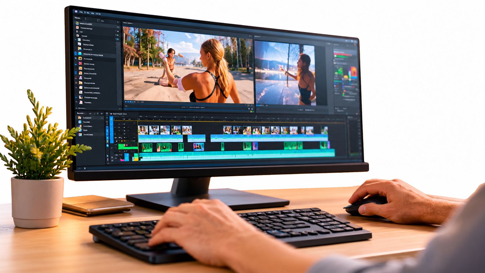 A person editing a video project on a professional wide computer monitor at a wooden desk.