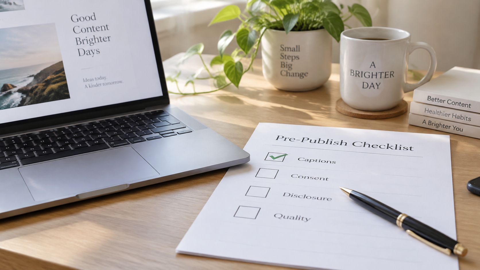 A pre-publish checklist lies on a wooden desk next to a laptop, a plant, and coffee.
