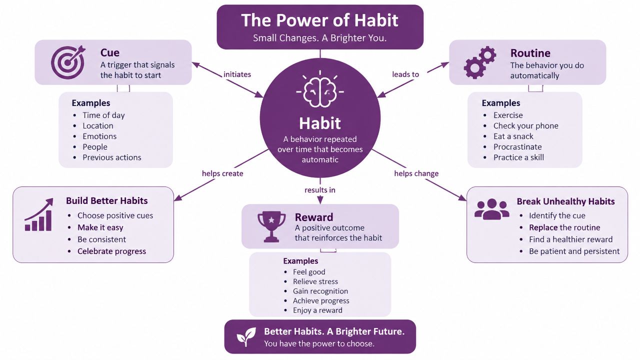 A diagram illustrating the power of habits, showing cues, routines, rewards, and how to change them.