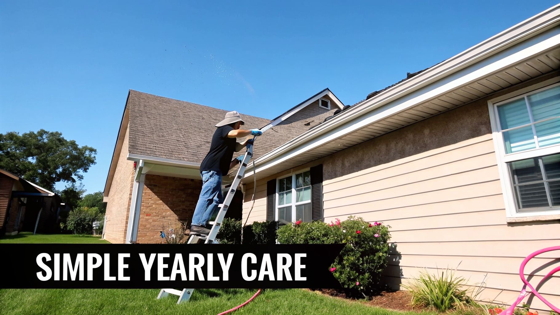 A person wearing a hat and gloves stands on a ladder, using a long tool to clean house gutters.