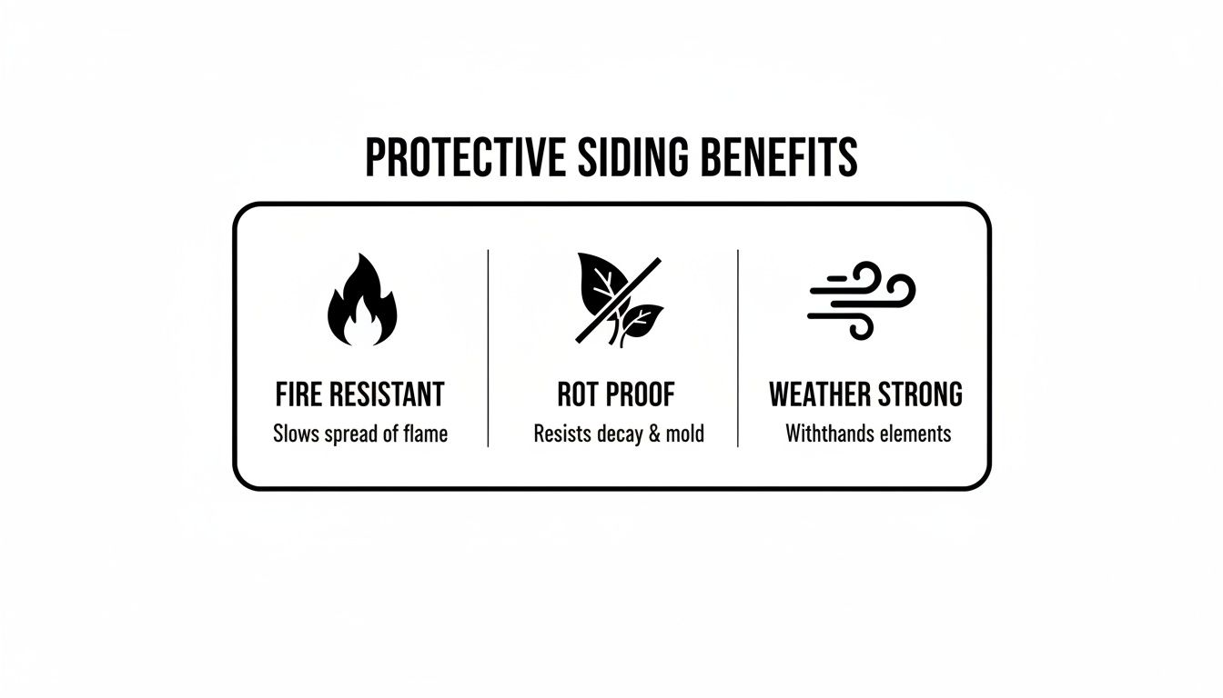 Diagram illustrating protective siding benefits: fire resistance, rot proofing, and weather strength for durable homes.