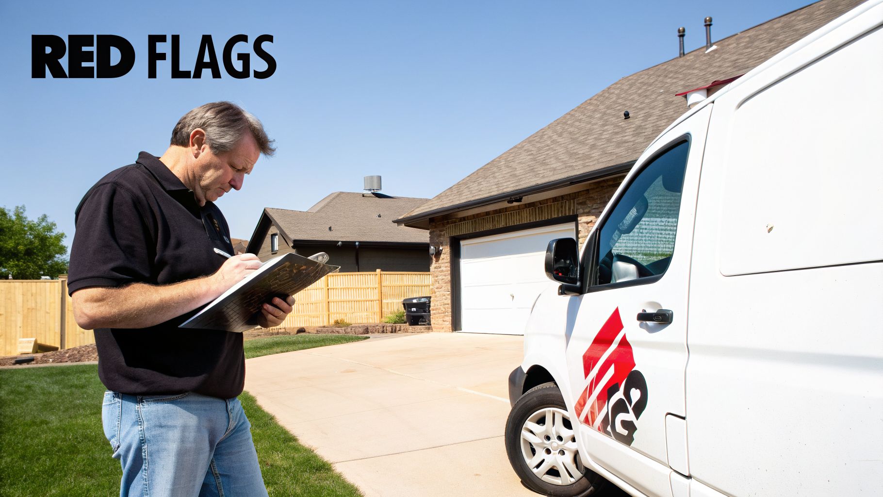 A man in a black polo shirt writes on a clipboard next to a white service van outside a house.